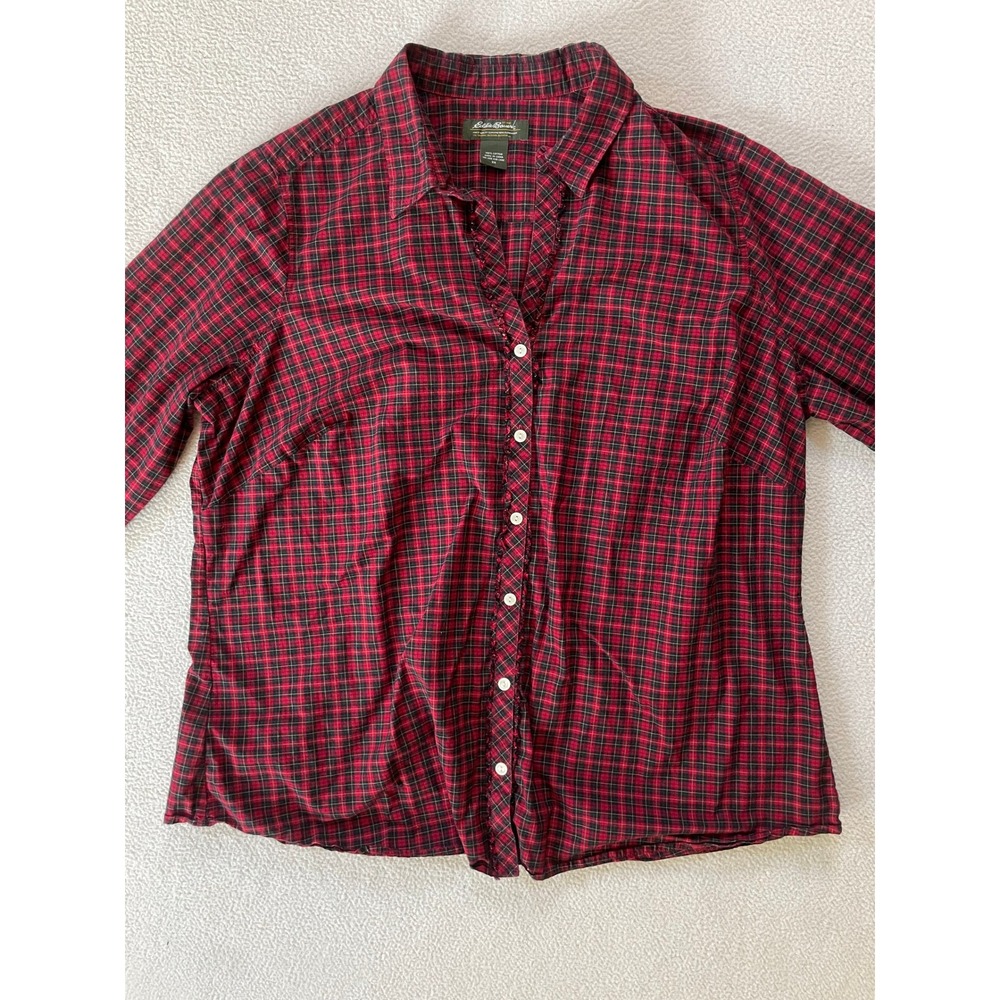 Eddie Bauer Womens 2X Button Down Shirt Red Black Plaid Frayed Ruffle Trim